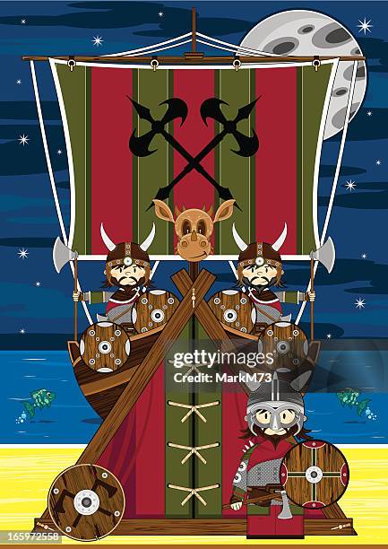 mini viking warriors scene - boat deck stock illustrations