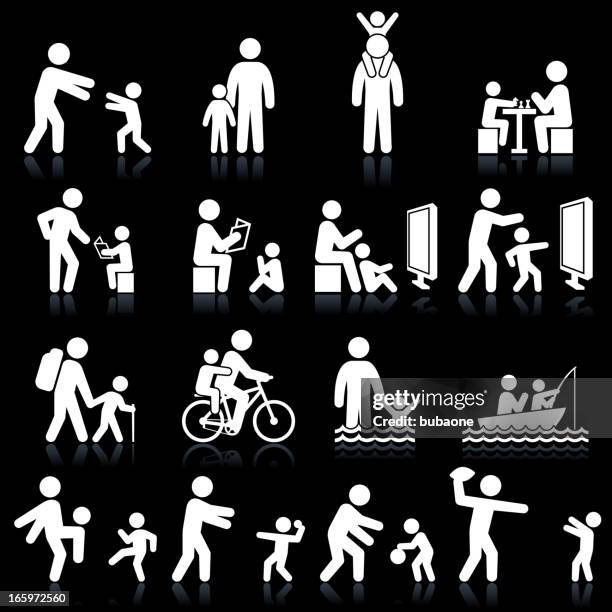father and son family time black & white icon set - parents watching sports stock illustrations