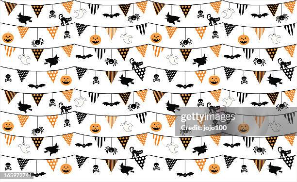 halloween bunting & icons seamless repeat pattern - cute halloween stock illustrations