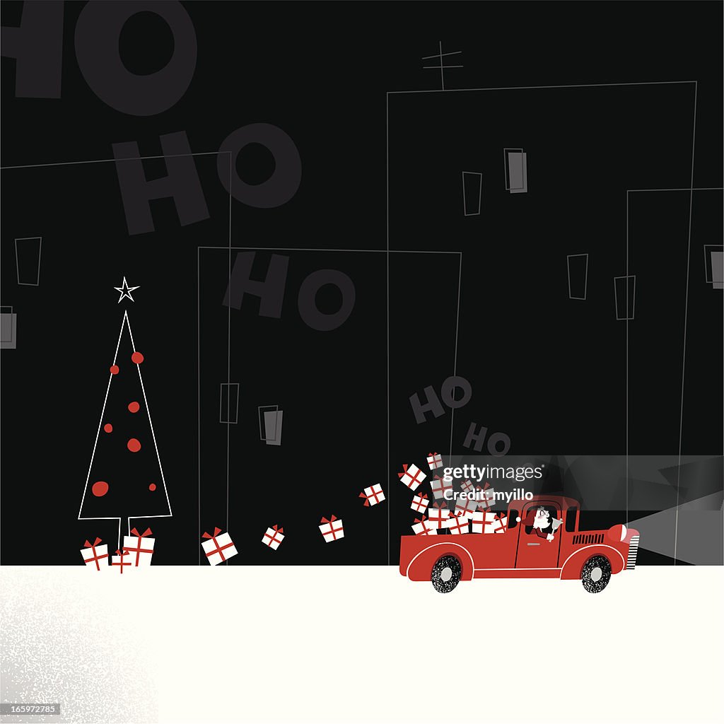 Santa liefern präsentiert truck retro city christmas illustration Vektor minimil