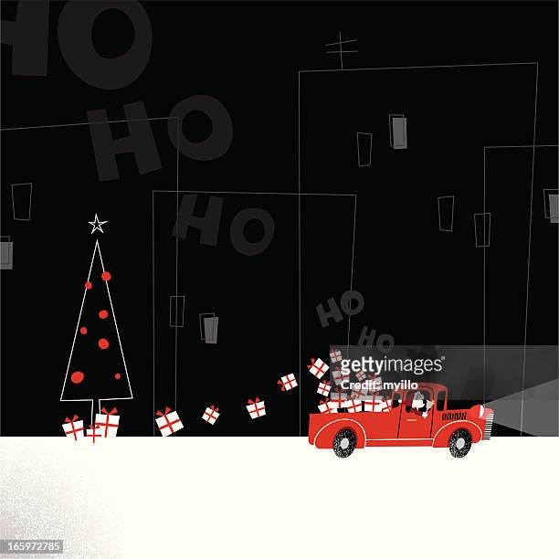 santa delivering presents truck retro city christmas illustration vector minimil - christmas truck stock illustrations