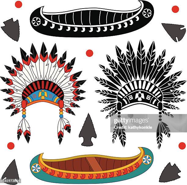 ilustrações, clipart, desenhos animados e ícones de canoa nativa americana e com adereços na cabeça - cultura tribal americana