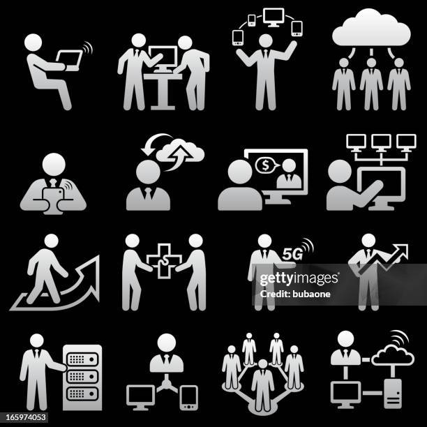 global business team cloud computing black and white icon set - manhattan office stock illustrations