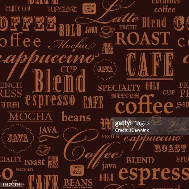 coffee themed words repeating seamless background - coffee background stock illustrations