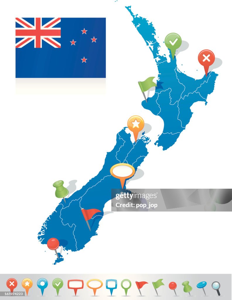 Map of New Zealand with navigation icons