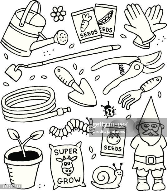 ilustrações, clipart, desenhos animados e ícones de jardinagem e rabiscos - enxada-equipamento-de-jardinagem