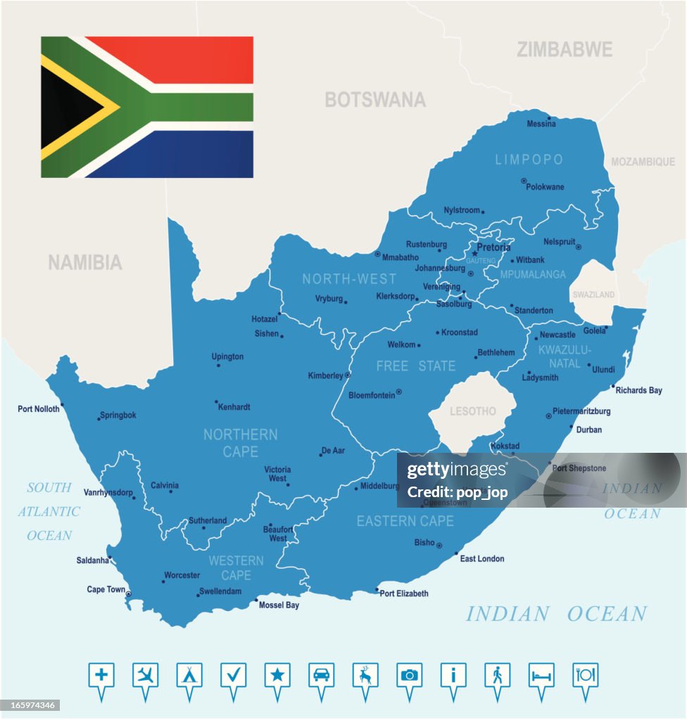 Map of South Africa - states, cities, flag, navigation icons