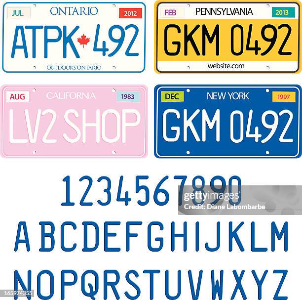 stockillustraties, clipart, cartoons en iconen met sample license plates with alphabet and numbers vector set - license plate