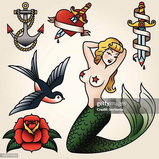 vintage-tattoo-icon-set - pin up girl stock-grafiken, -clipart, -cartoons und -symbole