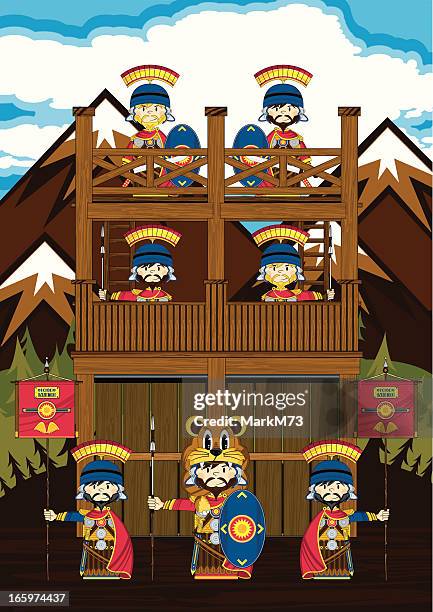 roman soldiers at wooden tower scene - roman soldier cartoon stock illustrations