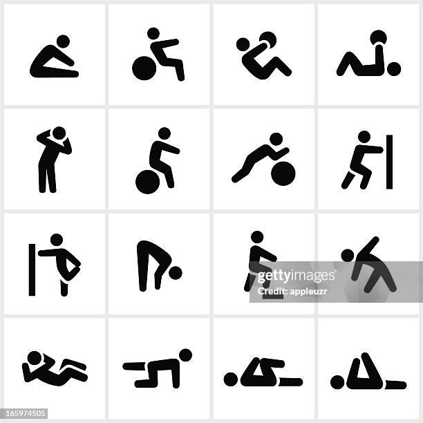 stockillustraties, clipart, cartoons en iconen met black stretching icons - fysiotherapieballen