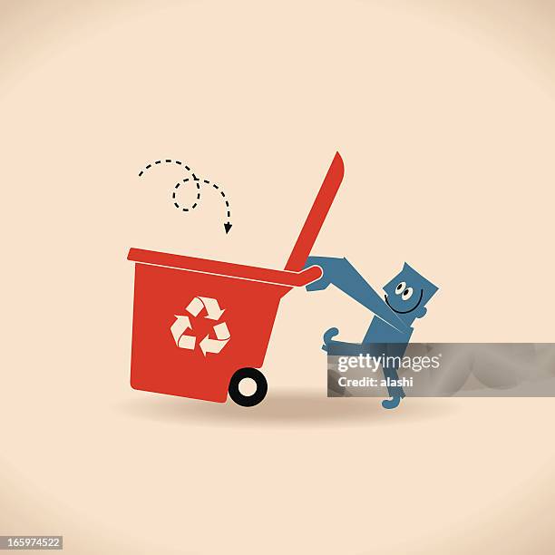 mann mit recycling bin - mülleimer auf rollen stock-grafiken, -clipart, -cartoons und -symbole