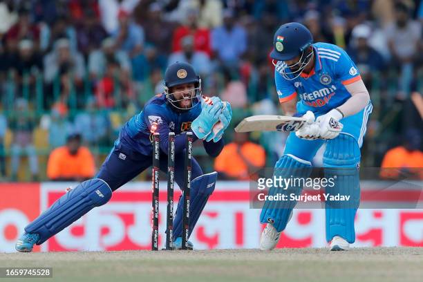Kusal Mendis of Sri Lanka unsuccessful stumping of KL Rahul of India during the Asia Cup Super Four match between Sri Lanka and India at R. Premadasa...