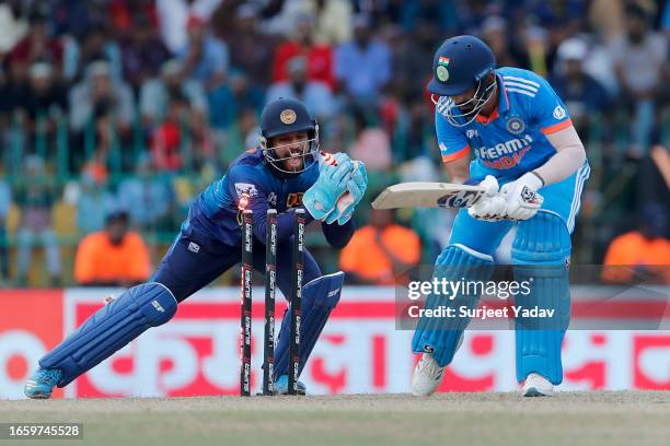 Kusal Mendis of Sri Lanka unsuccessful stumping of KL Rahul of India during the Asia Cup Super Four match between Sri Lanka and India at R. Premadasa...