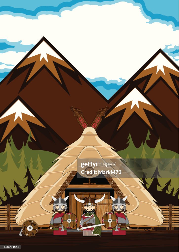 Three Vikings and Thatched Roof Hut