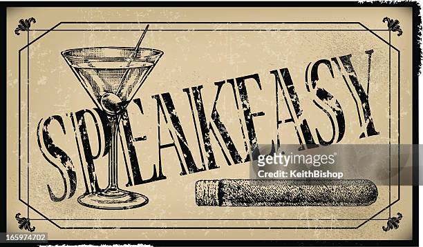ilustraciones, imágenes clip art, dibujos animados e iconos de stock de speakeasy señal con un habano y martini glass- retro - bar
