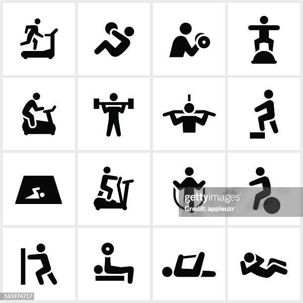 ilustraciones, imágenes clip art, dibujos animados e iconos de stock de gimnasio iconos negro - entrenamiento con pesas