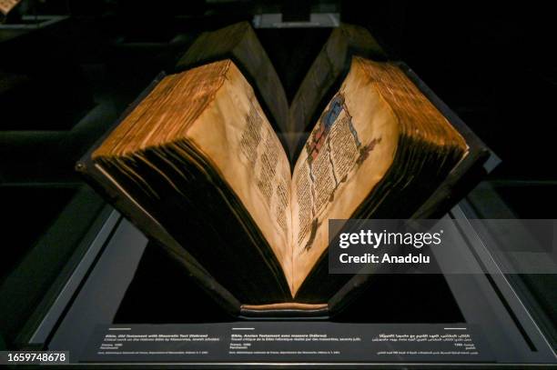 Old Testament of Bible with Masoretic text is on display during the ''Letters of Light'' exhibition held in Louvre Abu Dhabi in Abu Dhabi, United...