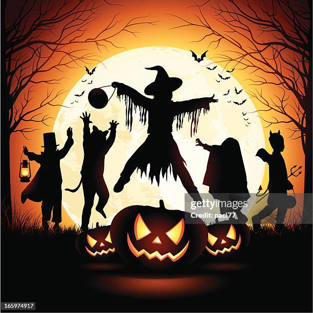 children celebrating halloween - party with the devil stock illustrations
