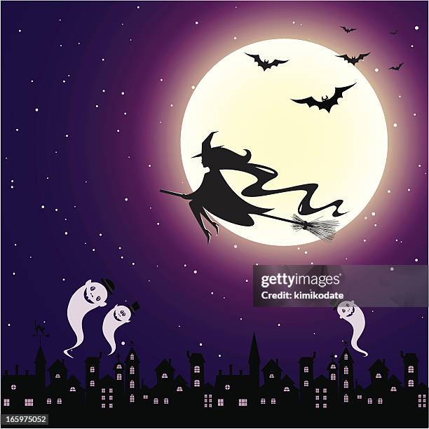 halloween-nacht in der stadt - witch flying on broom stock-grafiken, -clipart, -cartoons und -symbole