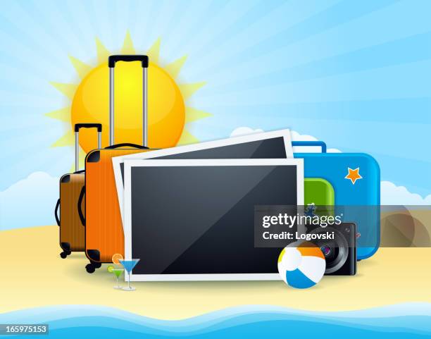 ilustraciones, imágenes clip art, dibujos animados e iconos de stock de de viaje - bolsa de playa