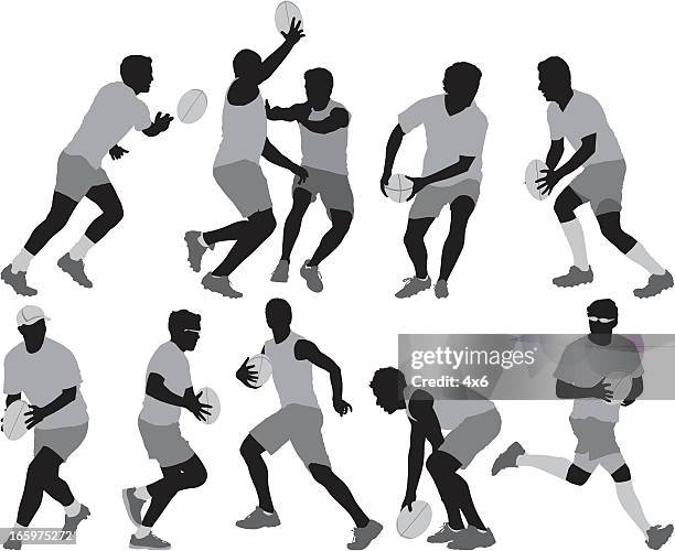 silhouette of sports people playing rugby - rugby silhouette stock illustrations