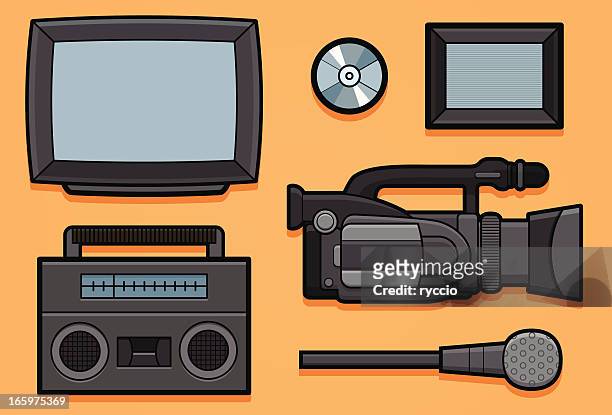 ilustraciones, imágenes clip art, dibujos animados e iconos de stock de registro elementos: boombox, televisión, cámara de vídeo - cámara de televisión
