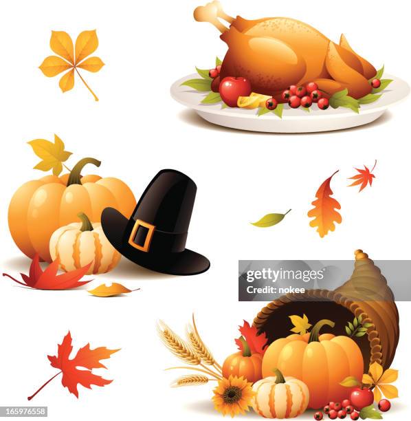various thanksgiving iconographic's on white backdrop - cornucopia leaves stock illustrations