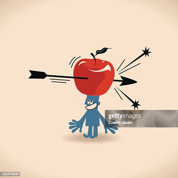 mann mit apfel und pfeil - apfelschuss stock-grafiken, -clipart, -cartoons und -symbole