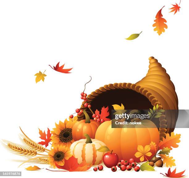 cornucopia full of pumpkins, berrys, wheat and autumn leaves - cornucopia leaves stock illustrations