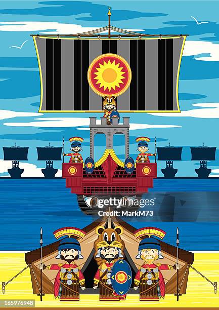 roman soldiers and ship scene - roman soldier cartoon stock illustrations