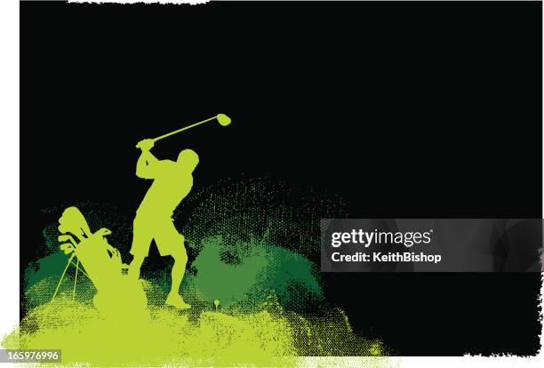 ilustraciones, imágenes clip art, dibujos animados e iconos de stock de golpear desde el tee-jugador de golf grunge fondo gráfico - superestrella deportista