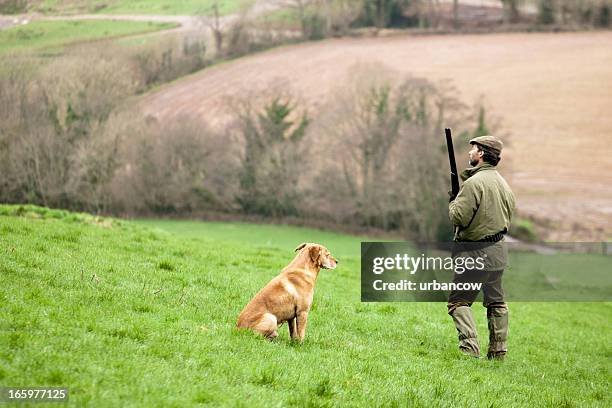 gamekeeper waiting with dog - jachtopziener stockfoto's en -beelden