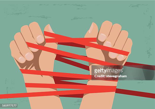 hands bound by red tape - hands tied up stock illustrations