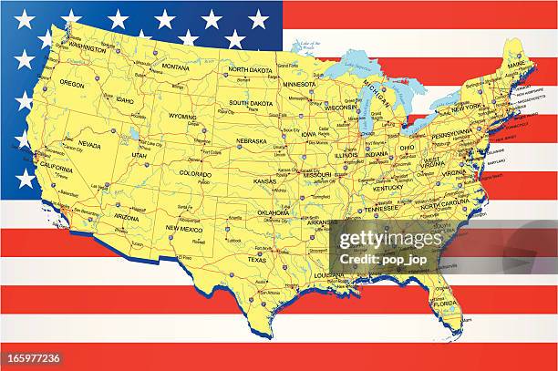 illustrazioni stock, clip art, cartoni animati e icone di tendenza di stati uniti-autostrada mappa su sfondo bandiera americana - midwest