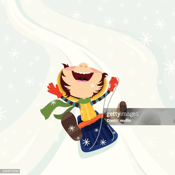 happy kids on the sled winter snow illustration vector - tobogganing stock illustrations