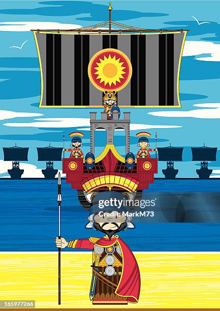 roman soldier and ship scene - roman soldier cartoon stock illustrations