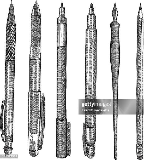 stockillustraties, clipart, cartoons en iconen met pens and pencils - gravure illustratietechniek