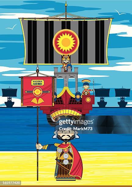 roman banner soldier and ship scene - roman soldier cartoon stock illustrations