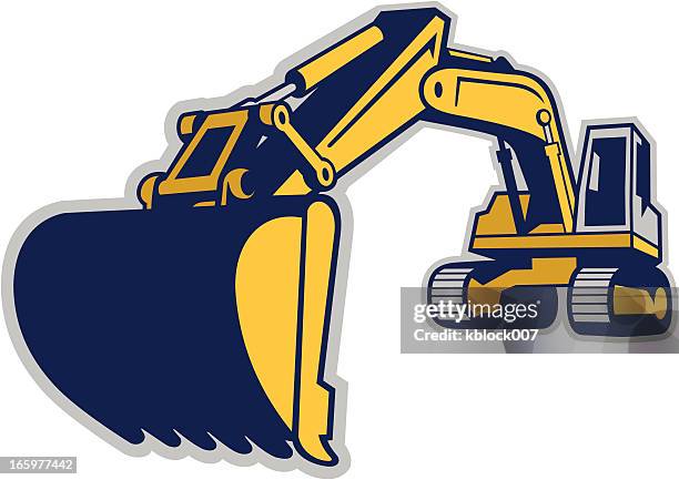 stockillustraties, clipart, cartoons en iconen met excavator extends its boom to get a load of dirt - grondverzetmachine