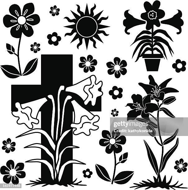 easter lilies - easter lilies and cross stock illustrations