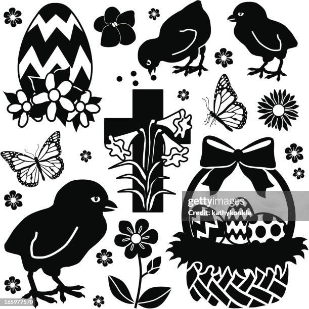 easter chicks and eggs - easter lilies and cross stock illustrations