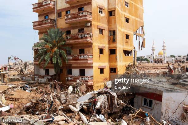 An area damaged by flash floods is pictured in Derna, eastern Libya, on September 11, 2023. Flash floods in eastern Libya killed more than 2,300...