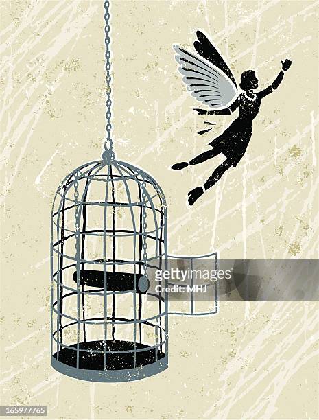 stockillustraties, clipart, cartoons en iconen met business woman flying free from bird cage - birdcage