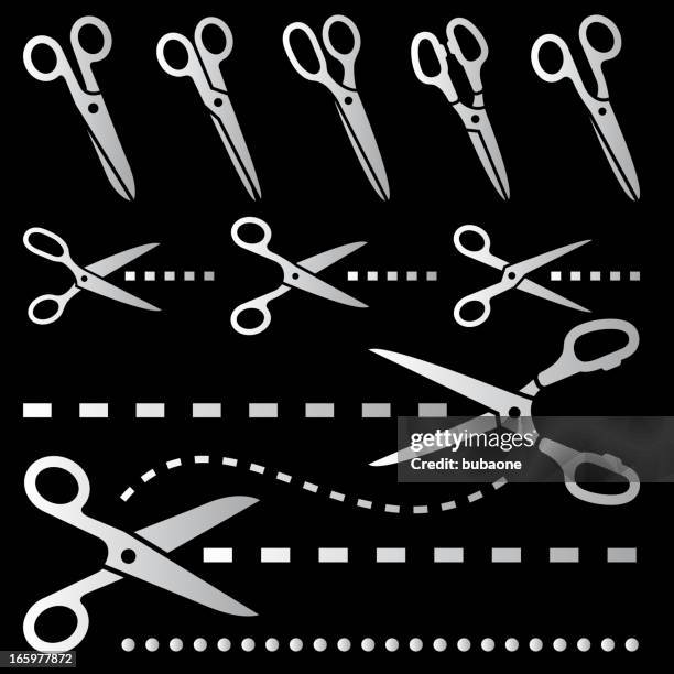 scissors with dotted line black & white vector icon set - hairdressing scissors white background stock illustrations