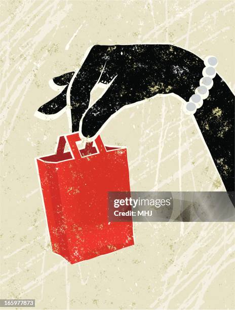 glamorous woman's hand holding a tiny shopping bag - hand shopping bag stock illustrations