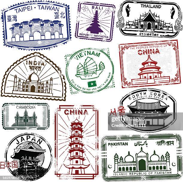 asian travel splendor - stamps stock illustrations