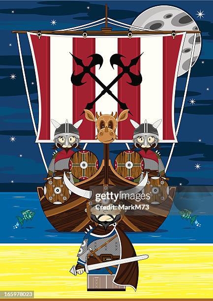 stockillustraties, clipart, cartoons en iconen met viking warriors and warship scene - scandinavian descent