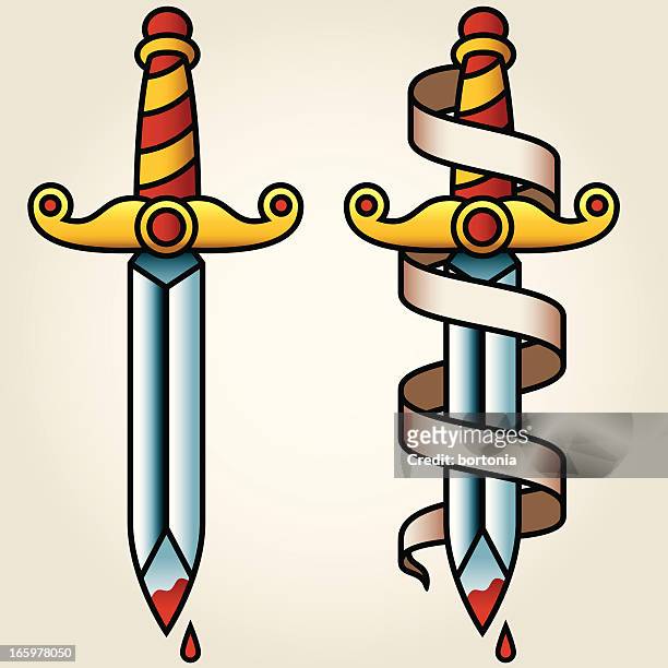 classic sailor-tattoo styled dagger and banner - dagger stock illustrations
