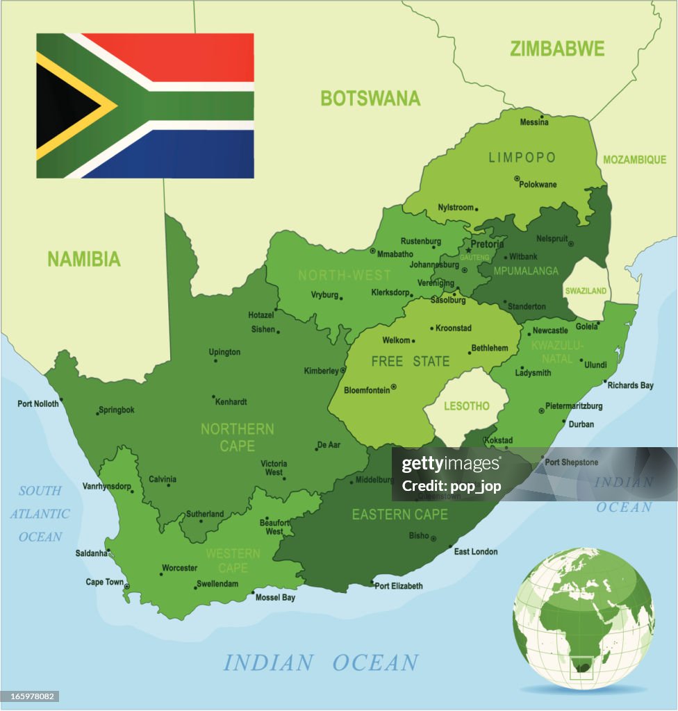 Green Map of South Africa - states, cities and flag